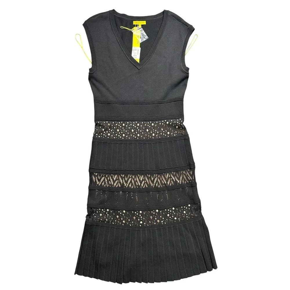 Catherine Malandrino Black V Neck Sleeveless Knit Dress Lace Detail Size‎ M